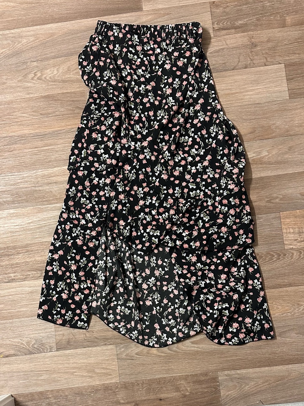 Black Floral Ruffled Maxi Skirt with low thigh slit